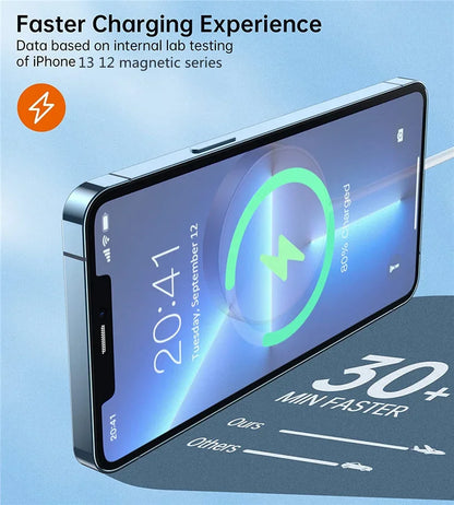 iPhone charging with magnetic wireless charger showing faster charging speed 30 minutes quicker than others.