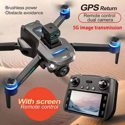 Drone with remote control and screen on a desert background