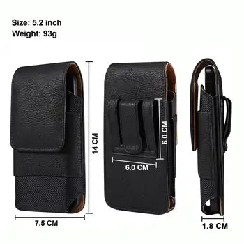 Black leather phone holster with measurements on a white background
