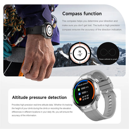 Smartwatch with compass and altitude pressure detection features, worn on a wrist with climbing equipment.