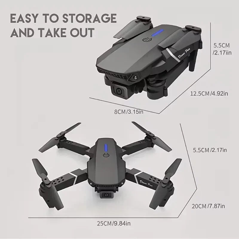 Foldable drone with dimensions labeled on a gray background
