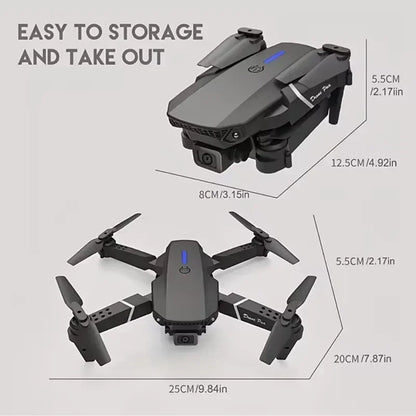 Foldable drone with dimensions labeled on a gray background