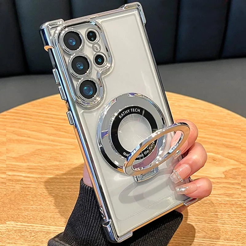 Smartphone with a clear case and ring holder on a wooden surface