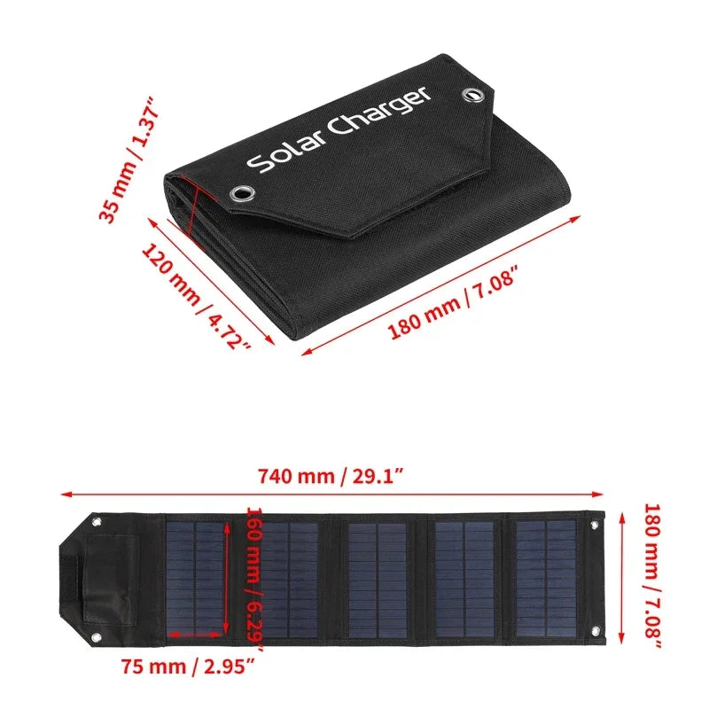 Solar charger with dimensions labeled on a white background
