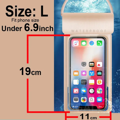 Waterproof phone case with smartphone display, size L, fits phones under 6.9 inches, with dimensions shown
