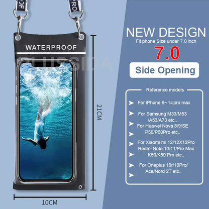 Universal IPX8 waterproof pouch — touchscreen-friendly with secure lock & lanyard. Perfect for beach, pool & outdoor fun.