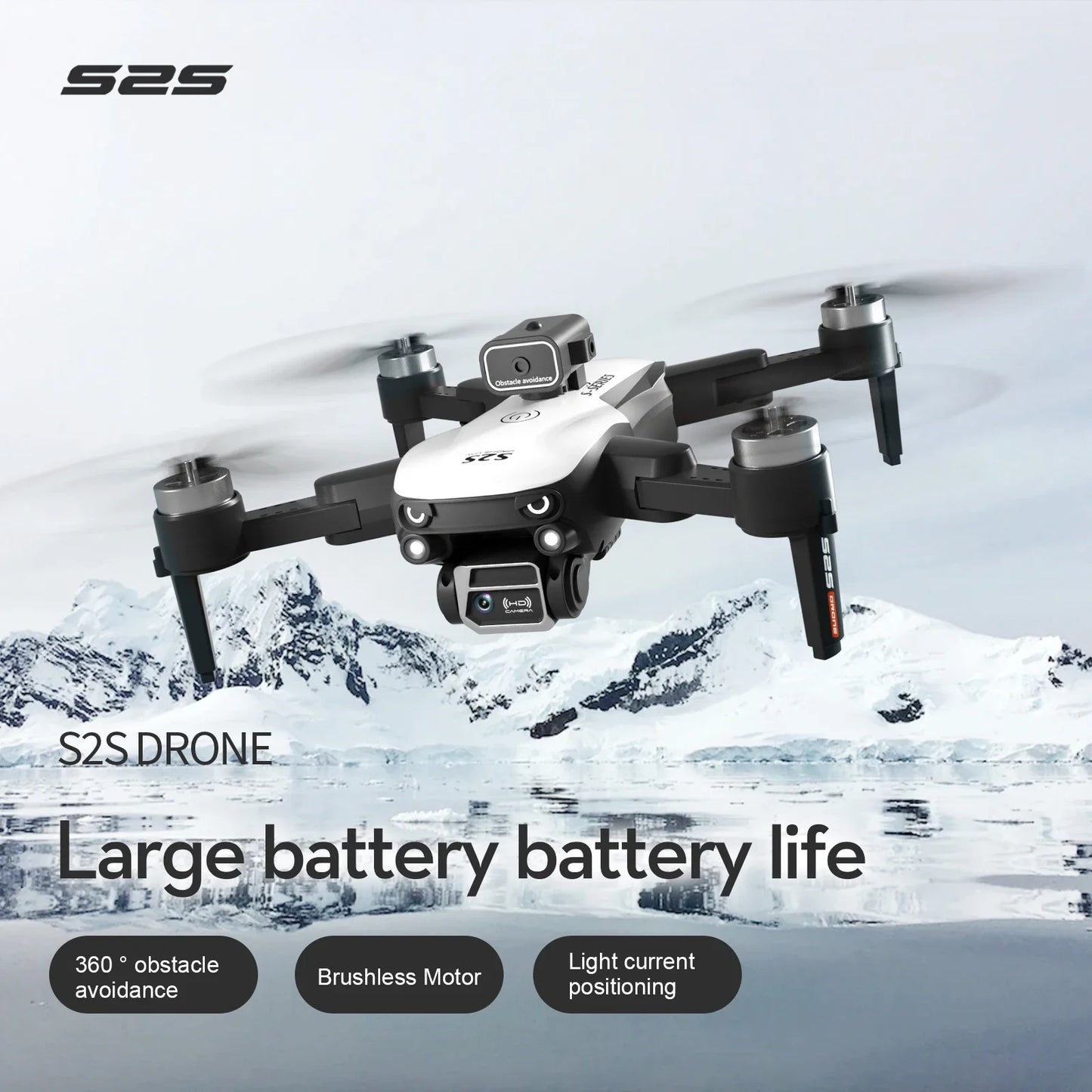 S2S drone with mountainous background and product features listed.