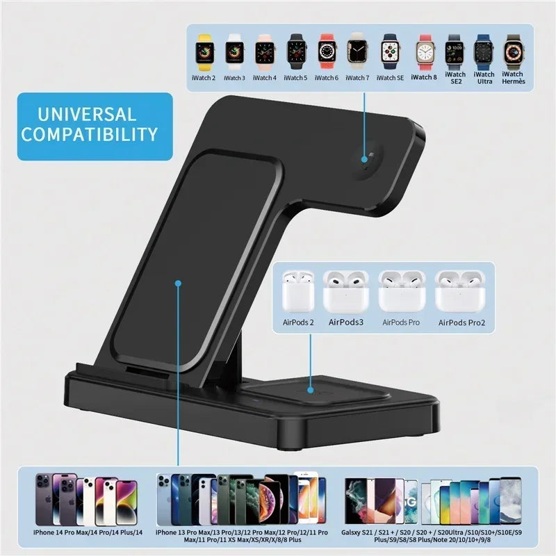 Black phone stand with compatibility icons for various devices on a light gray background