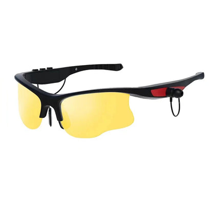 Sunglasses with yellow lenses and black frame on a white background