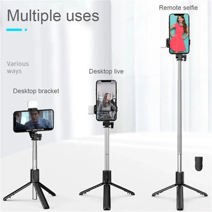 Smartphone holder with multiple uses including remote selfie, desktop live, and desktop bracket on a white background.