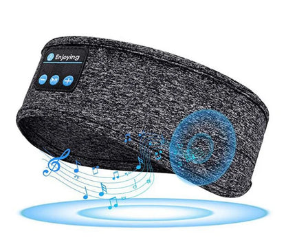 Gray Bluetooth headband with music notes and sound wave graphics on a white background