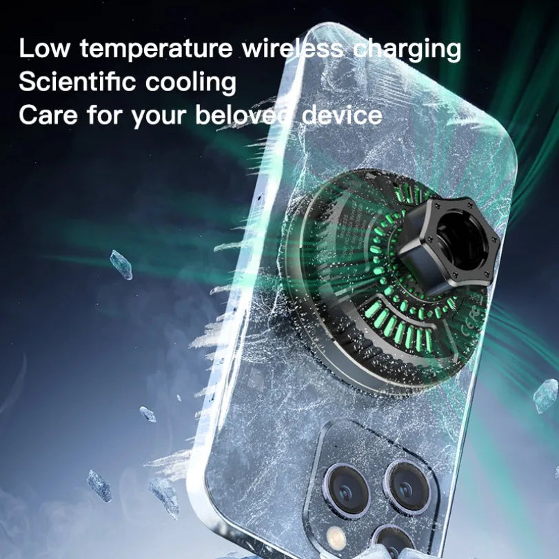 Phone case with cooling technology and text about low temperature wireless charging.