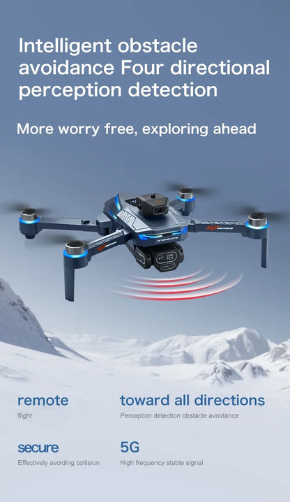 Drone with text about obstacle avoidance and directional perception detection against a mountainous background