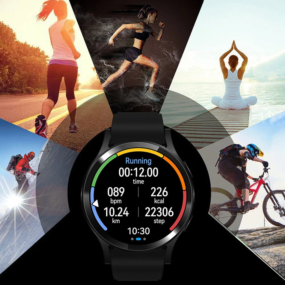 Smartwatch displaying fitness data with lifestyle images in the background