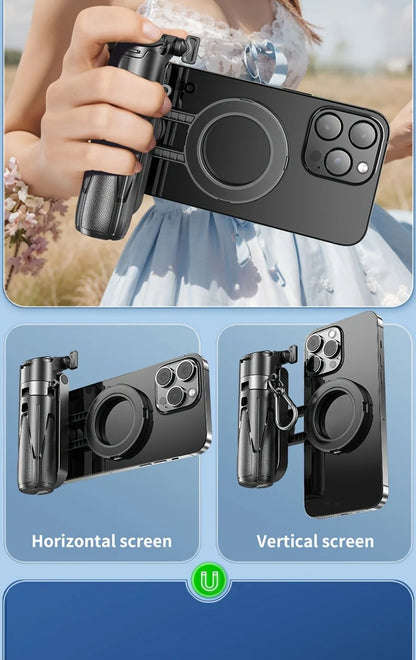 Hand holding a phone with a camera attachment, showing horizontal and vertical screen options.
