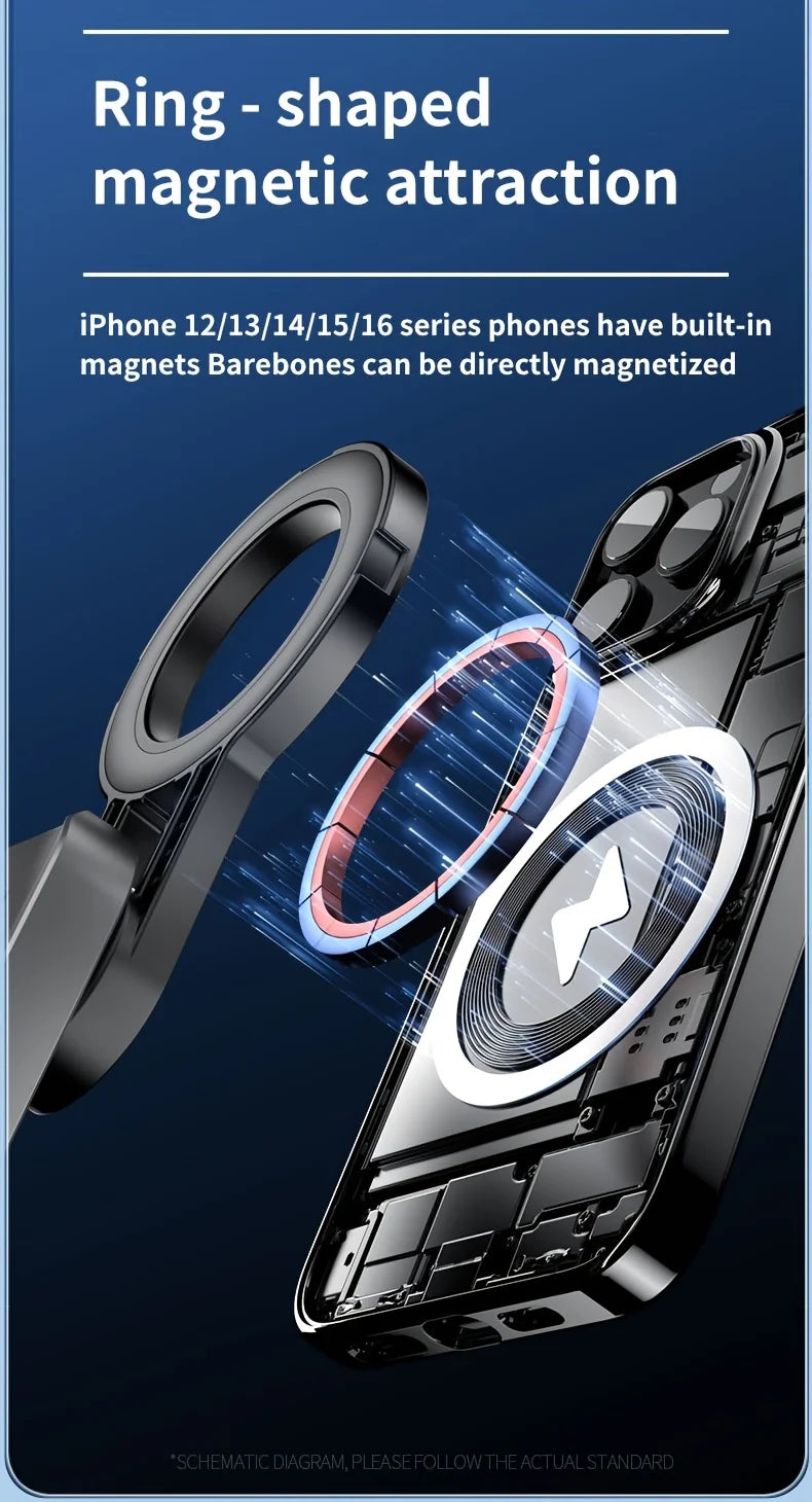 Ring-shaped magnetic attraction feature on a phone case with text about compatibility with iPhone models.