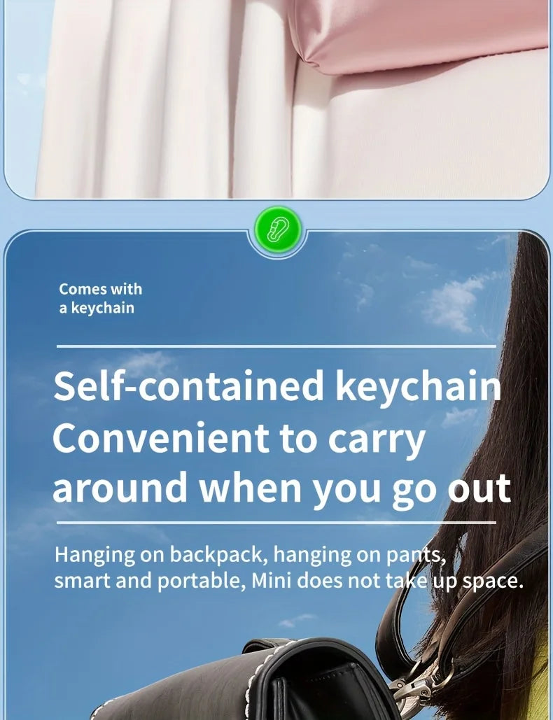 Advertisement for a self-contained keychain with text and images of a person wearing it.