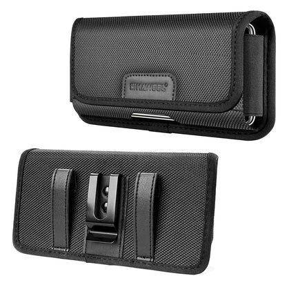 Black phone holster with visible brand logo on a white background
