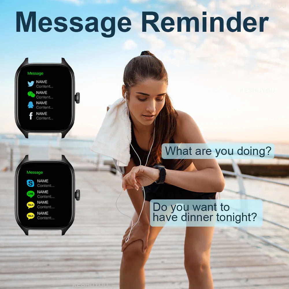 Woman using a smartwatch with message reminders displayed on the screen, set against a scenic background.