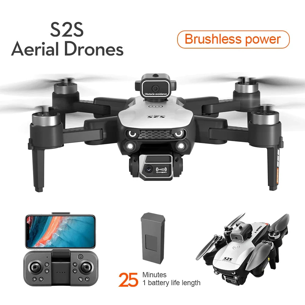 S2S Aerial Drone with smartphone app, remote control, and battery life information on a white background.