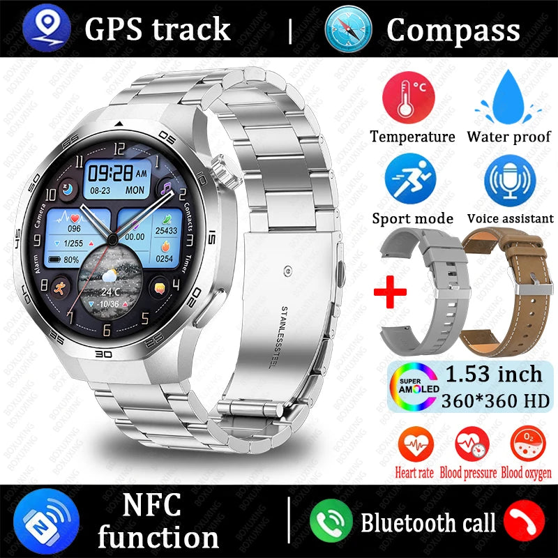 Smartwatch with features like GPS track, compass, temperature, waterproof, sport mode, voice assistant, NFC function, and Bluetooth call on a black background.