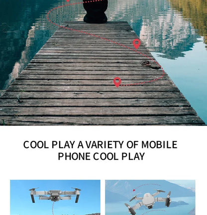 Wooden dock over water with text overlay and drone images at the bottom.