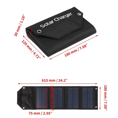 Solar charger with dimensions labeled on a white background
