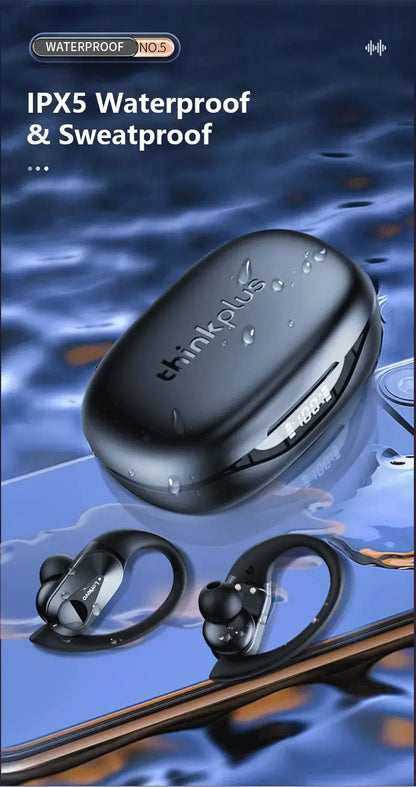Black waterproof earbuds with charging case on a water background, featuring the Thinkplus brand
