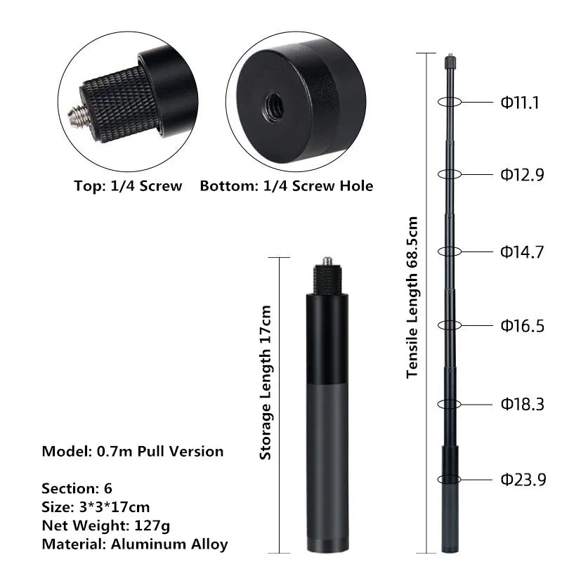 Black telescopic rod with measurements and specifications on a white background