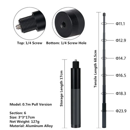 Black telescopic rod with measurements and specifications on a white background