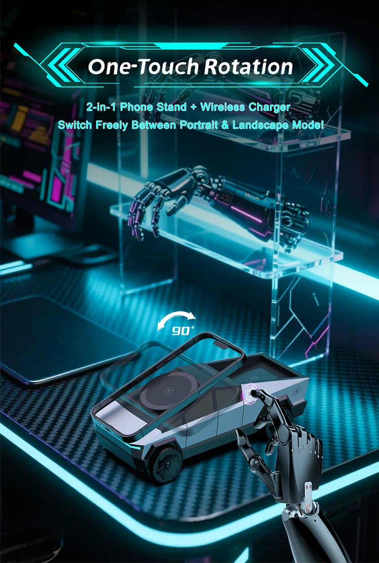 2-in-1 phone stand and wireless charger with one-touch rotation feature on a futuristic background.