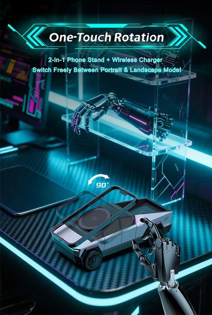 2-in-1 phone stand and wireless charger with one-touch rotation feature on a futuristic background.
