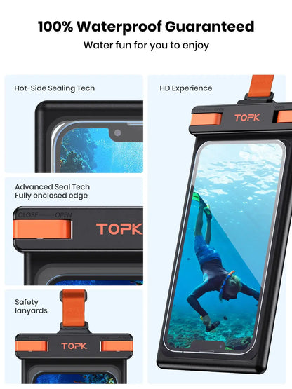 TOPK waterproof phone pouch with listed features and underwater usage illustration

