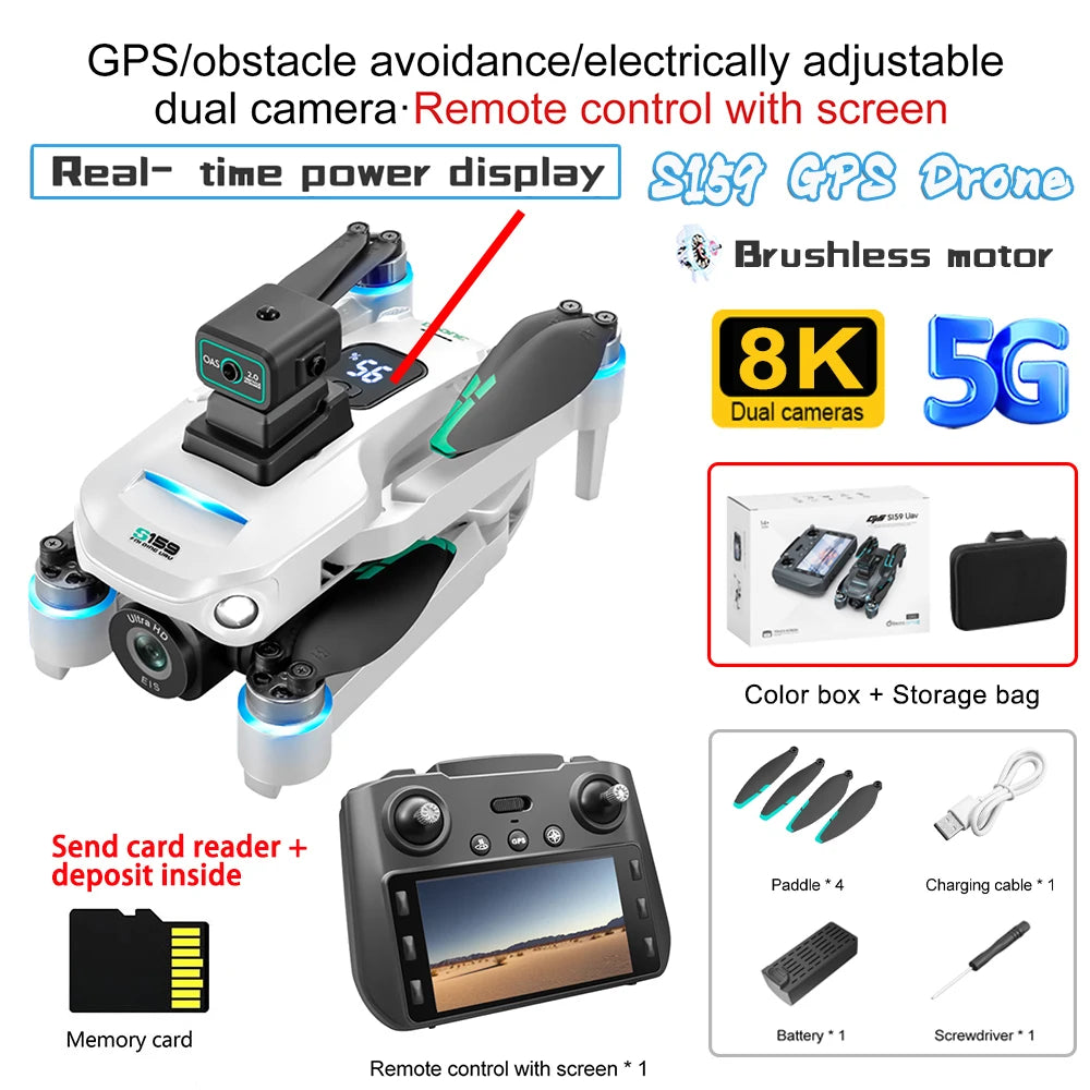 S97 GPS Drone with remote control, screen, and accessories on a white background