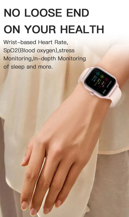 Smartwatch on a wrist with text highlighting health monitoring features.