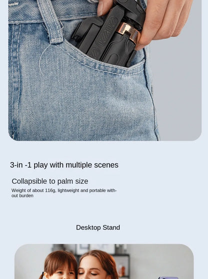 Hand holding a black device in a pocket with promotional text about its features.