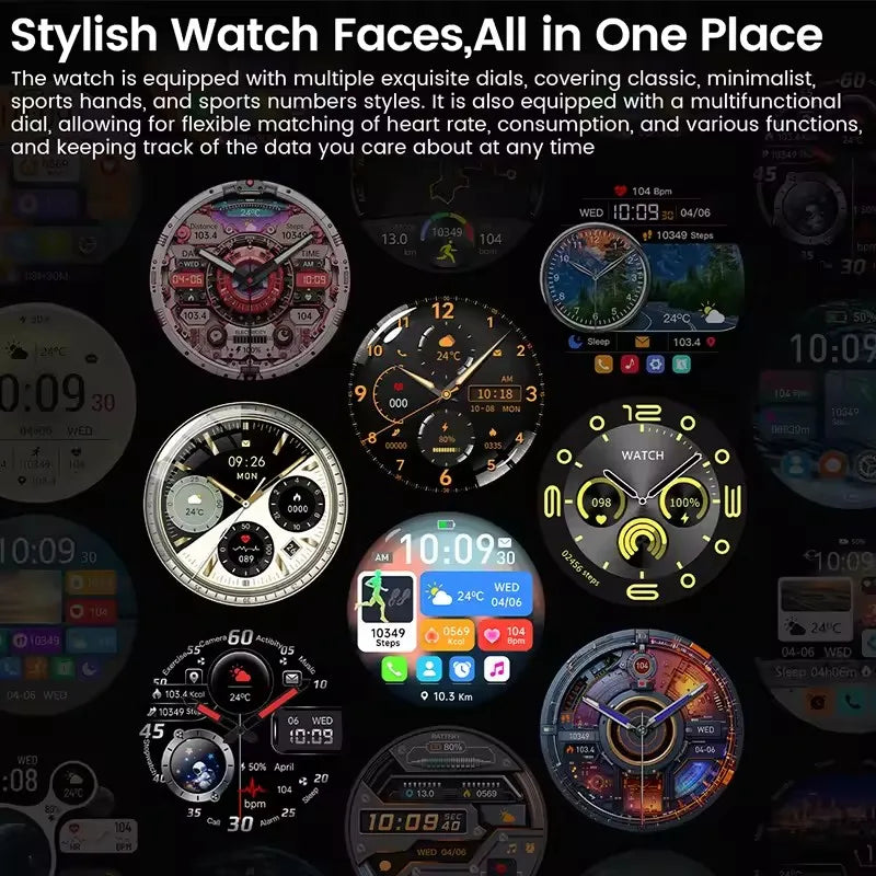 Various stylish watch faces displayed on a dark background