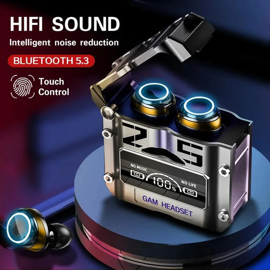 Gaming headset with HIFI sound, intelligent noise reduction, Bluetooth 5.3, touch control on a dark background.