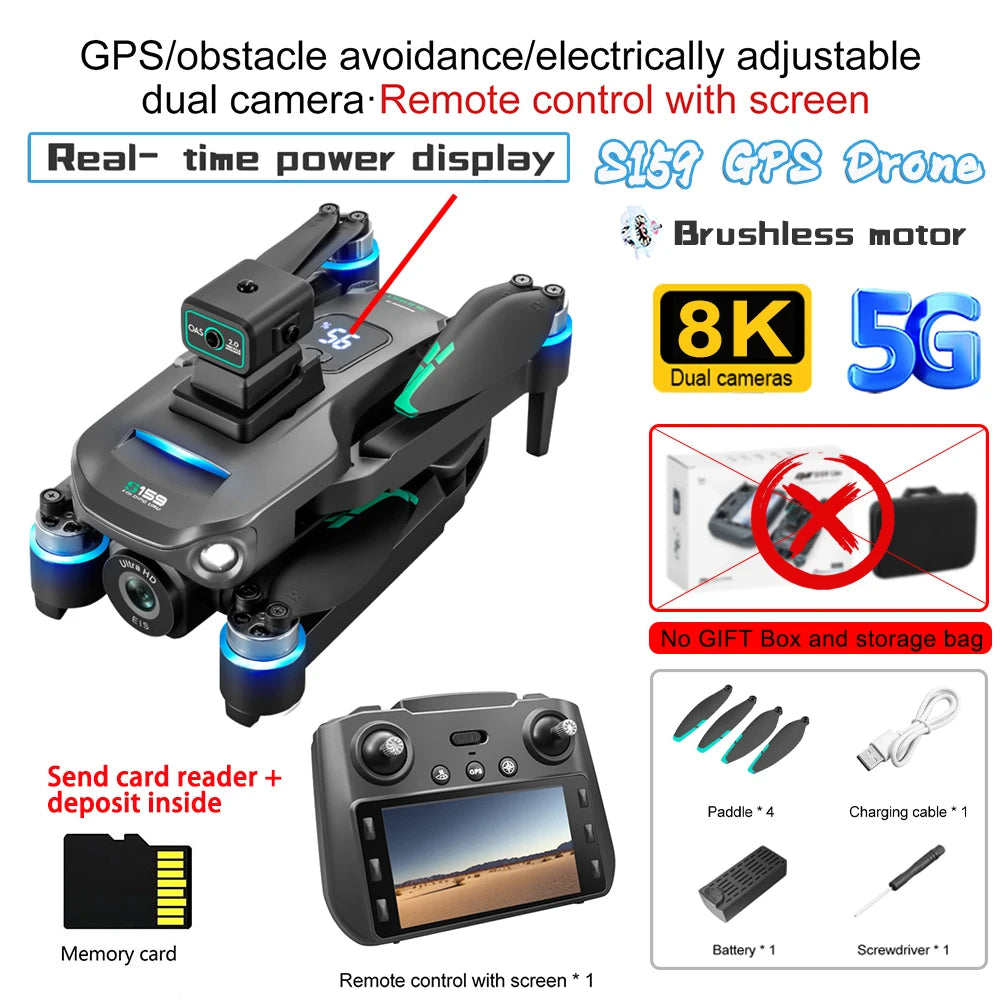 GPS/obstacle avoidance drone with remote control and screen, featuring 8K dual cameras and 5G connectivity.
