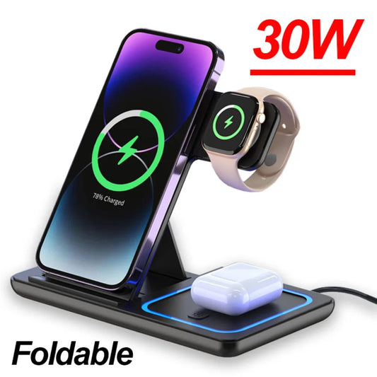 30W foldable 3 in 1 wireless charging station charging iPhone Apple Watch and AirPods.