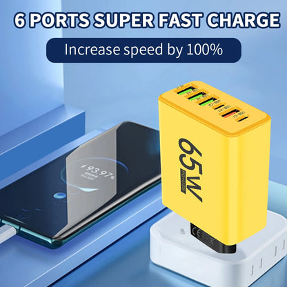 Yellow 6-port charging station with smartphone on a blue background