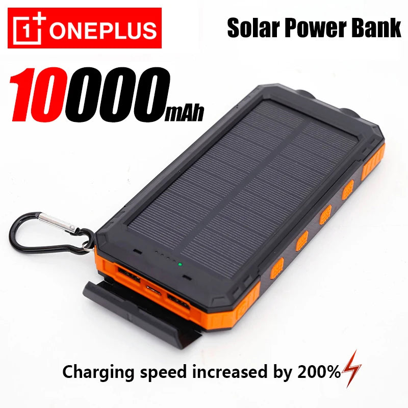 OnePlus solar power bank with 10000mAh capacity on a white background