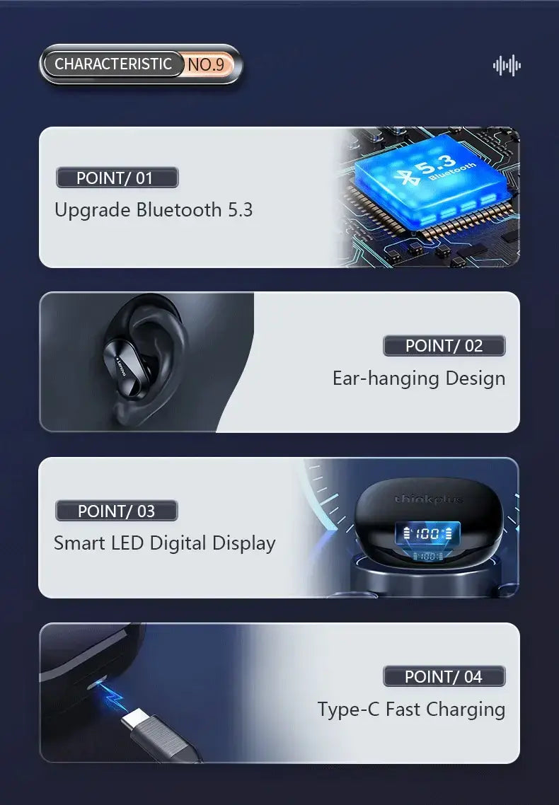 Bluetooth earbud features displayed with text labels on a dark background
