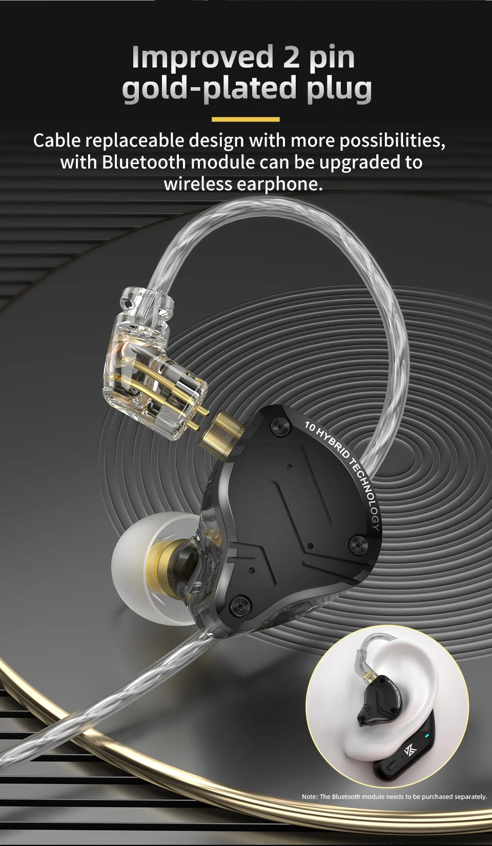 In-ear headphones with gold-plated plug on a black background