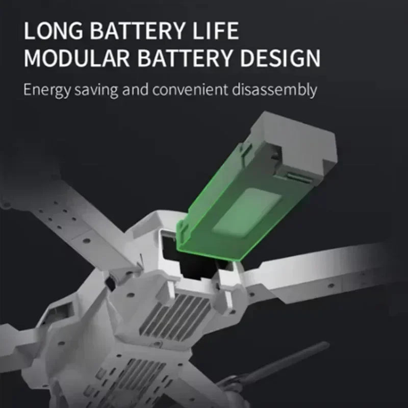 Modular battery design on a drone with text about long battery life and energy saving.