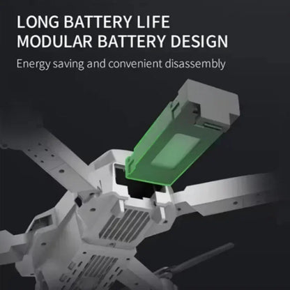 Modular battery design on a drone with text about long battery life and energy saving.