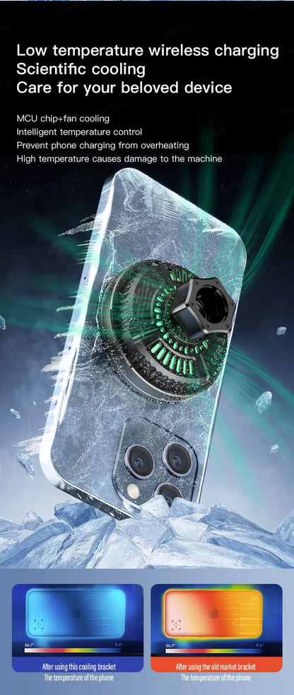Phone with cooling technology displayed on a dark background