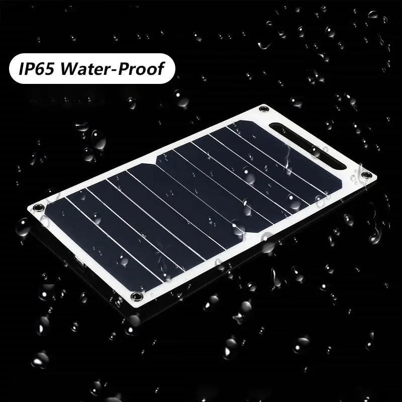Solar panel with water droplets on a black background, labeled 'IP65 Water-Proof'.