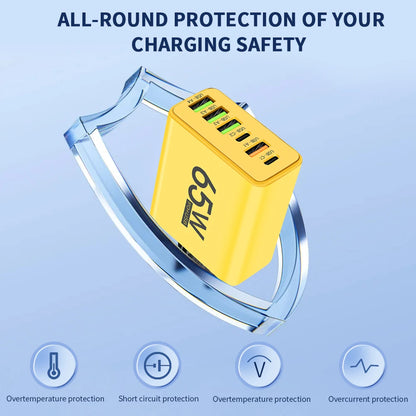 Yellow charging adapter with TSG logo on a blue background, featuring text about charging safety.