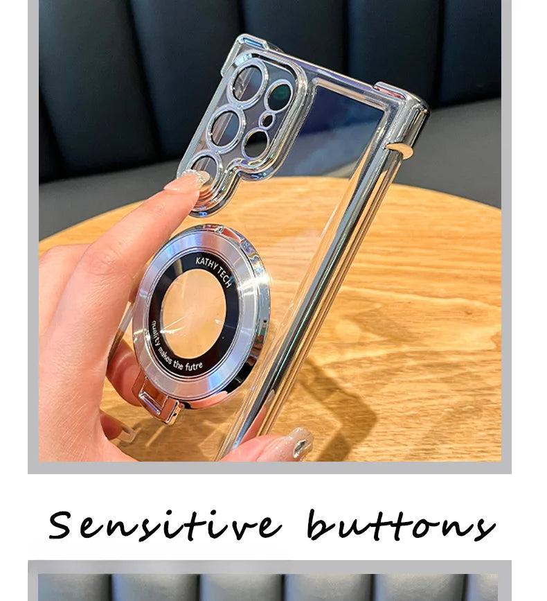 Clear phone case with camera lens protector held by a hand on a wooden surface.